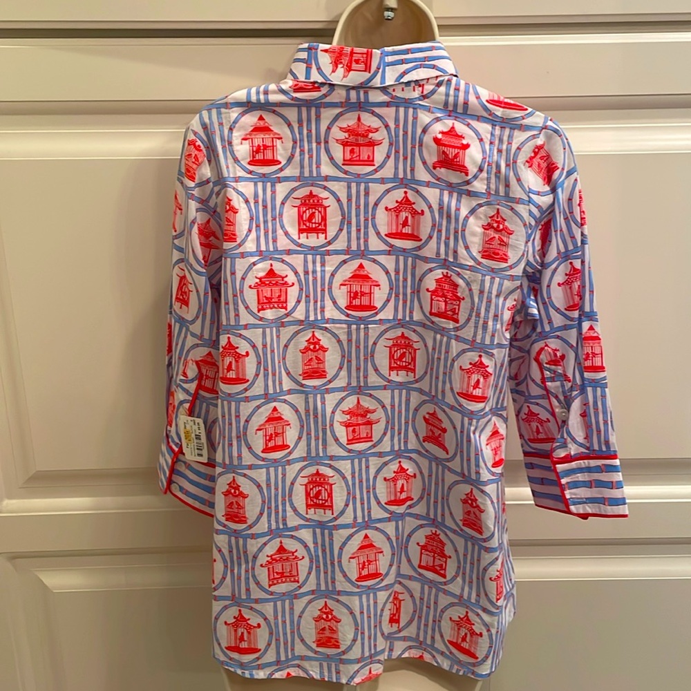 Gretchen Scott NEW boyfriend shirt in caged bird print sz M - Picture 4 of 8